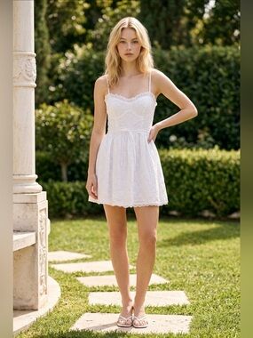 Altar'd State White Lace Tie-Waist Spaghetti Strap Mini Dress